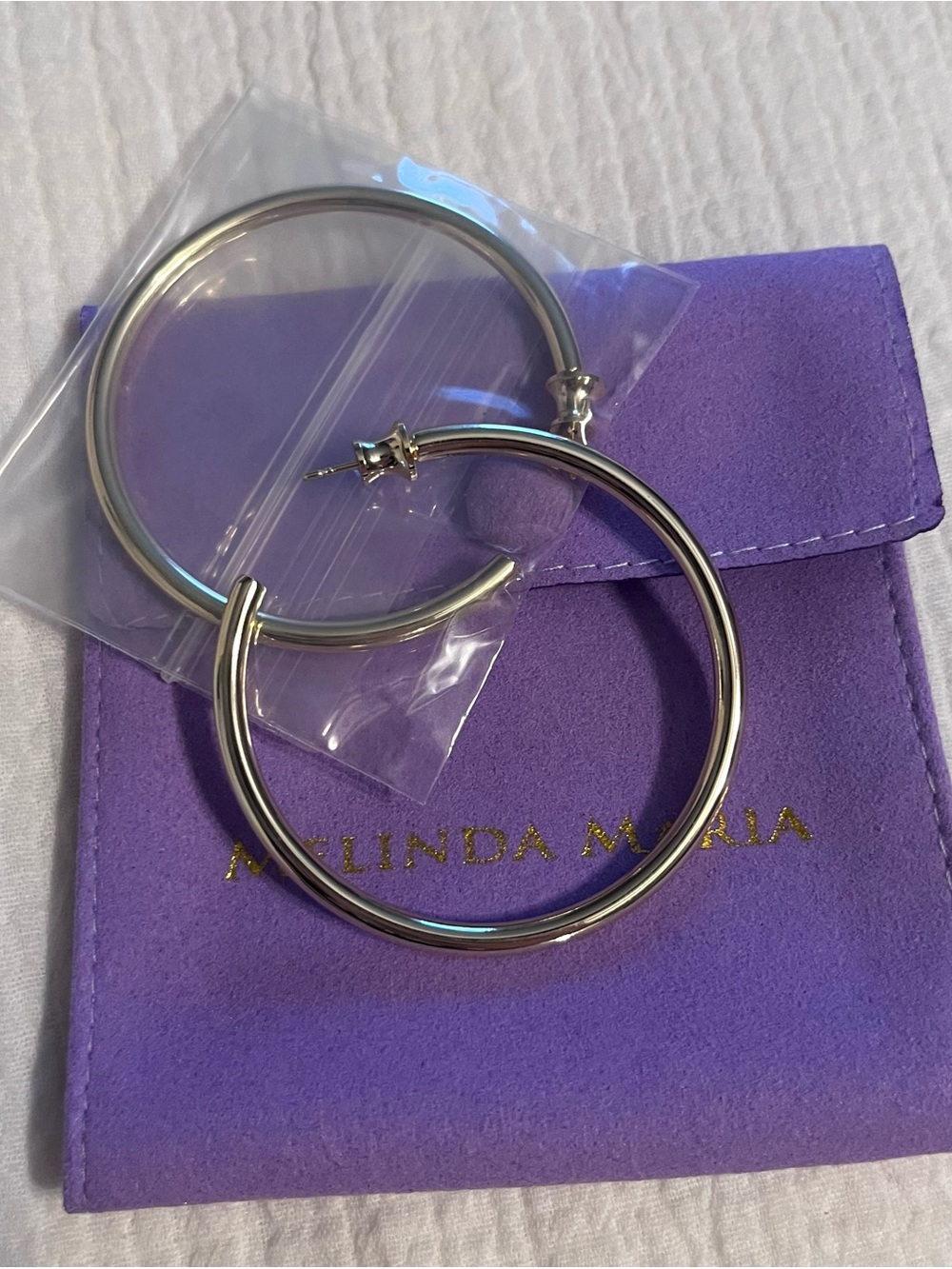 Melinda Maria 2” Gold Kendall Hoop Earrings with Lavender Pouch NWT